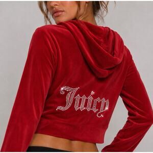 Juicy Couture Red Velour Cropped Zip Hoodie Rhinestone Logo Y2K Womens L NWT